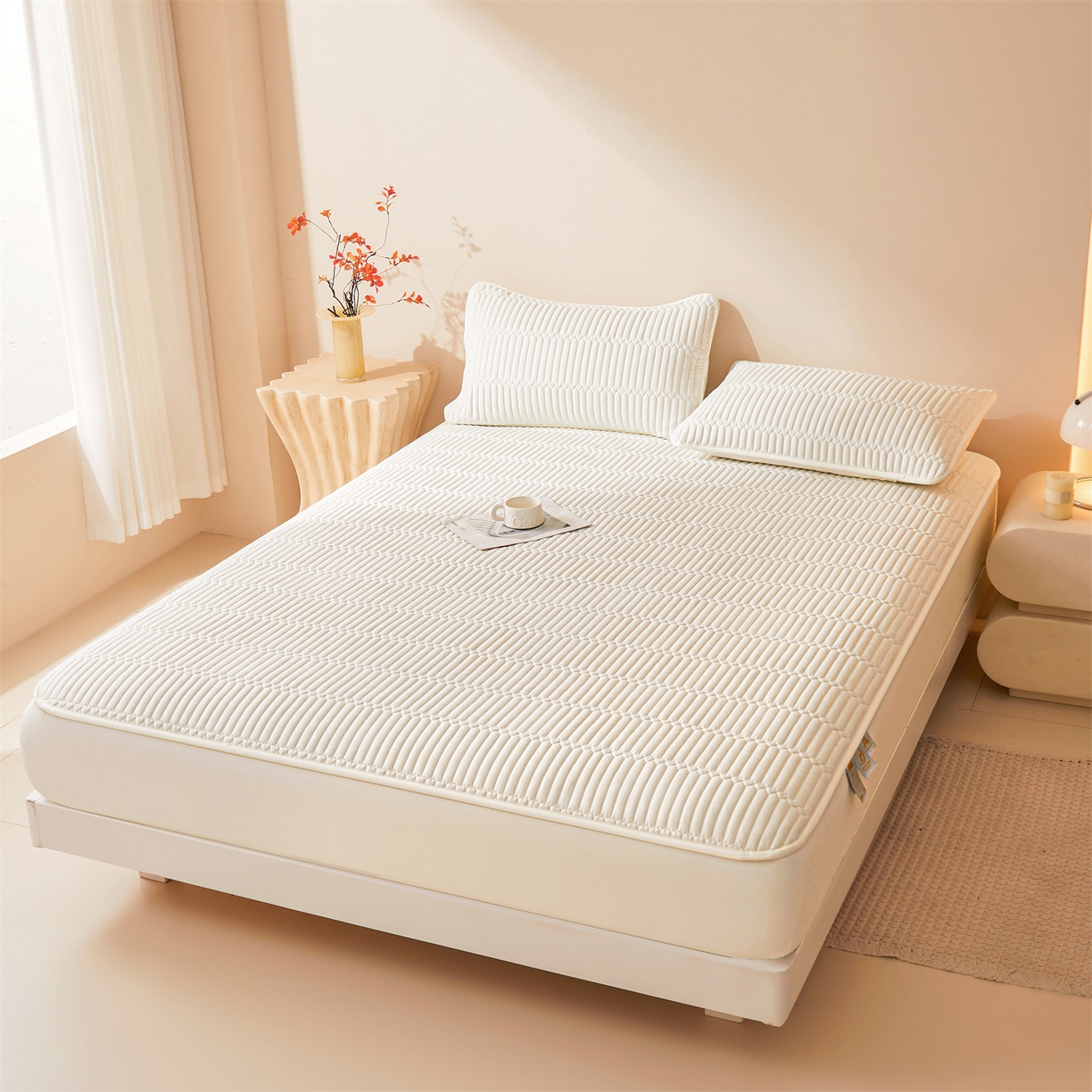 91家纺网 家纺一手货源 找家纺 （总）女子家纺 2026春夏新款简爱A类夹棉防水床笠三件套水洗棉7A抗菌磨毛床单保护套