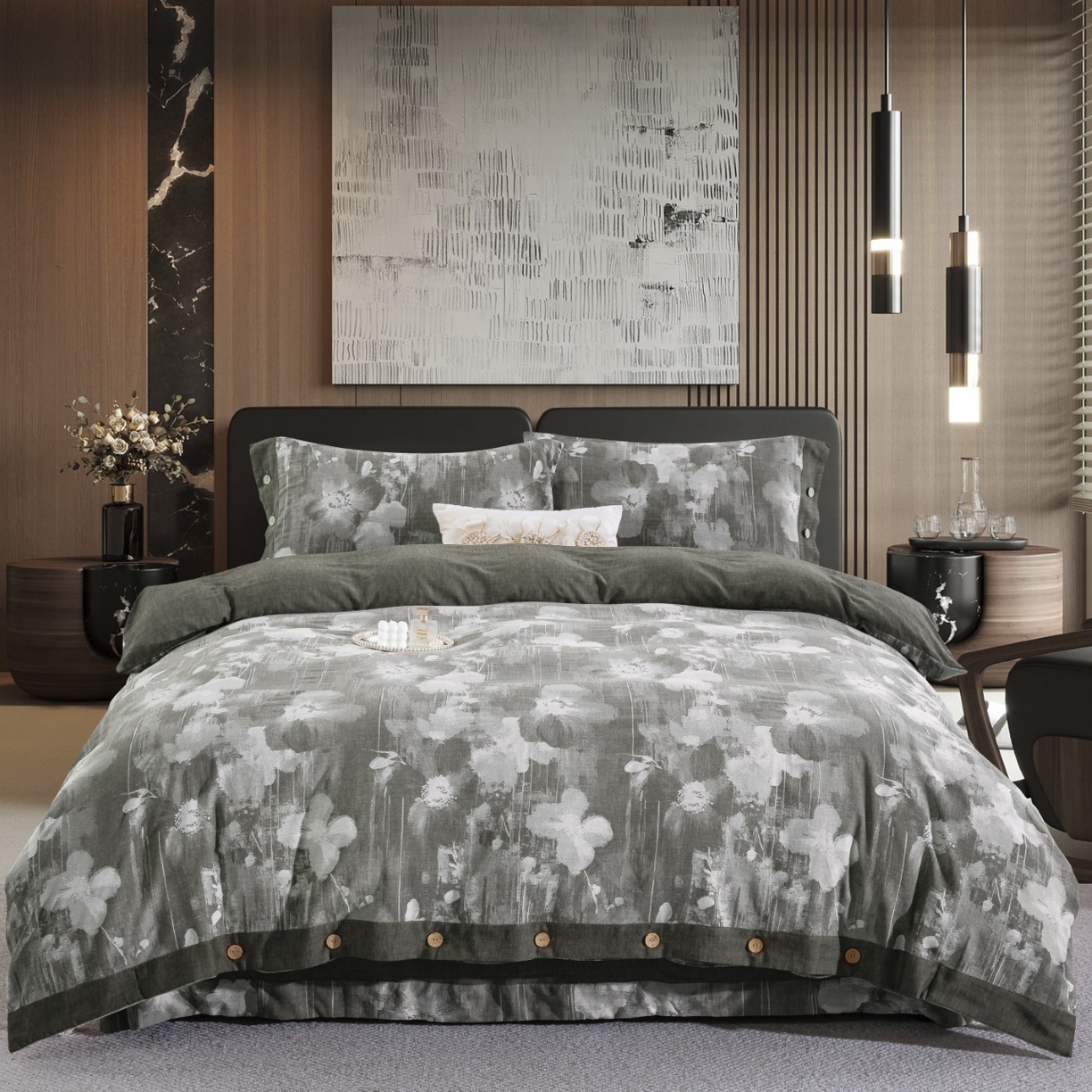 仰望棉麻双层纱供应链 2026新款全棉色织提花纽扣款四件套-花都 花都-绿