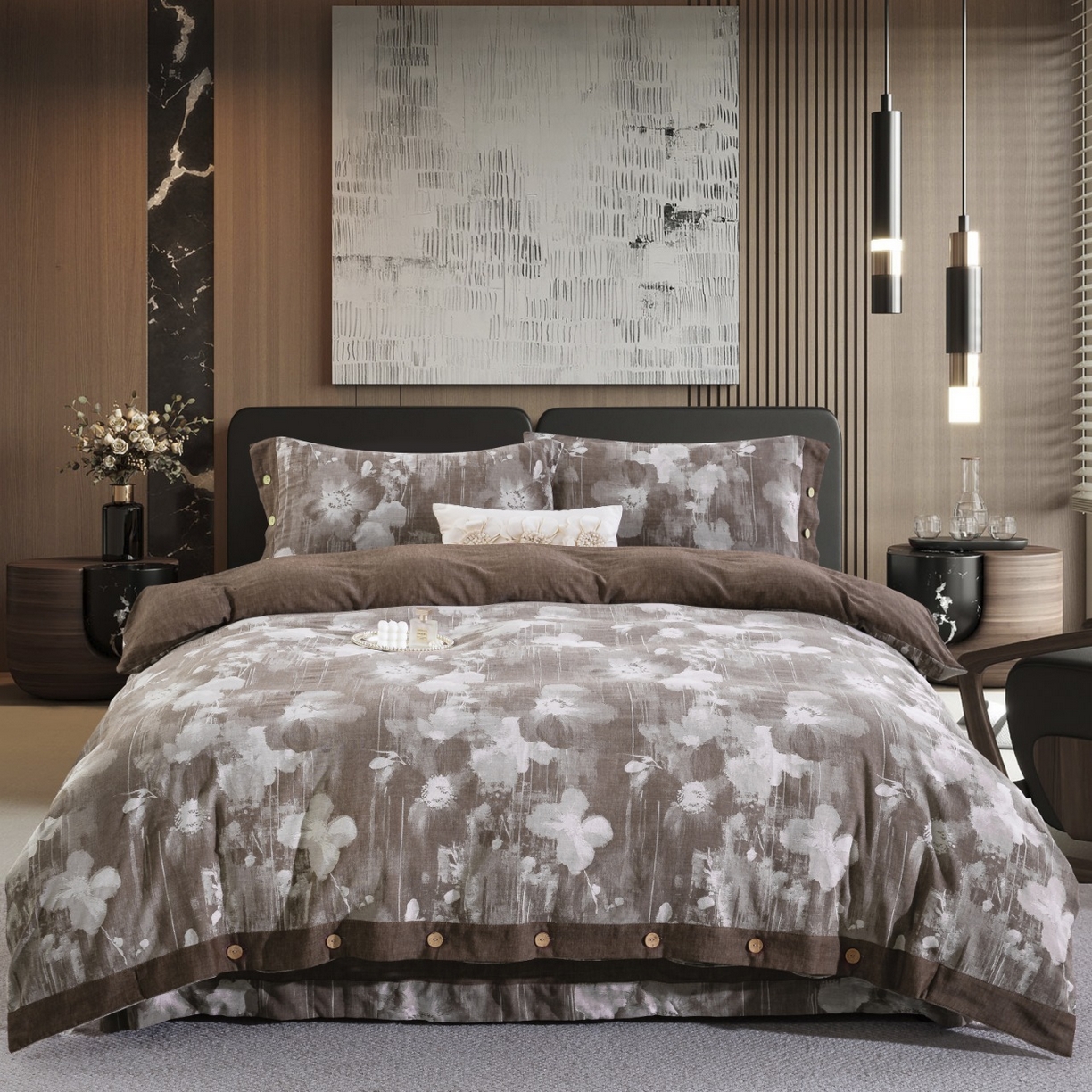 仰望棉麻双层纱供应链 2026新款全棉色织提花纽扣款四件套-花都 花都-咖