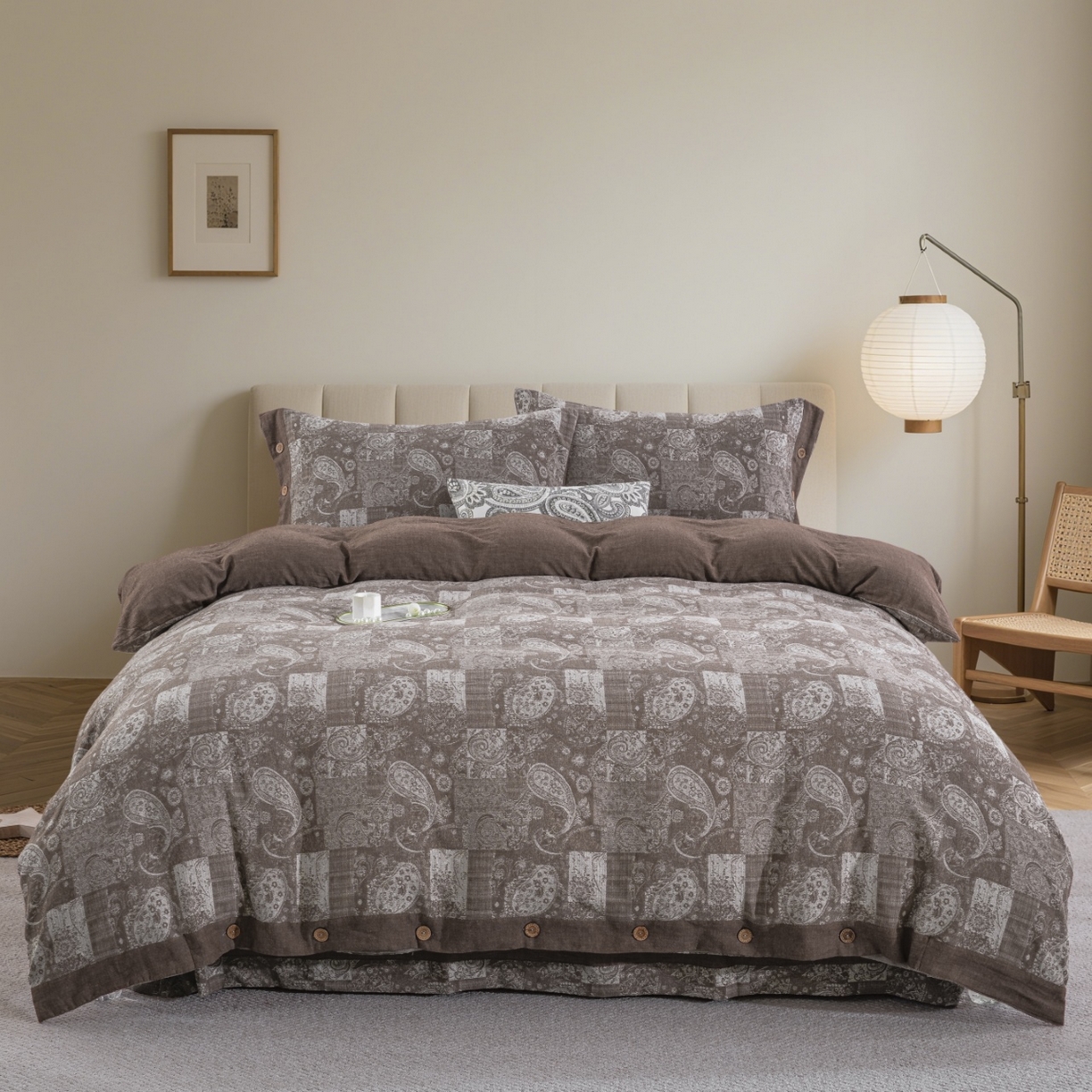 91家纺网 家纺一手货源 找家纺 （总）仰望棉麻双层纱供应链 2026新款全棉色织提花纽扣款四件套-兰亭序