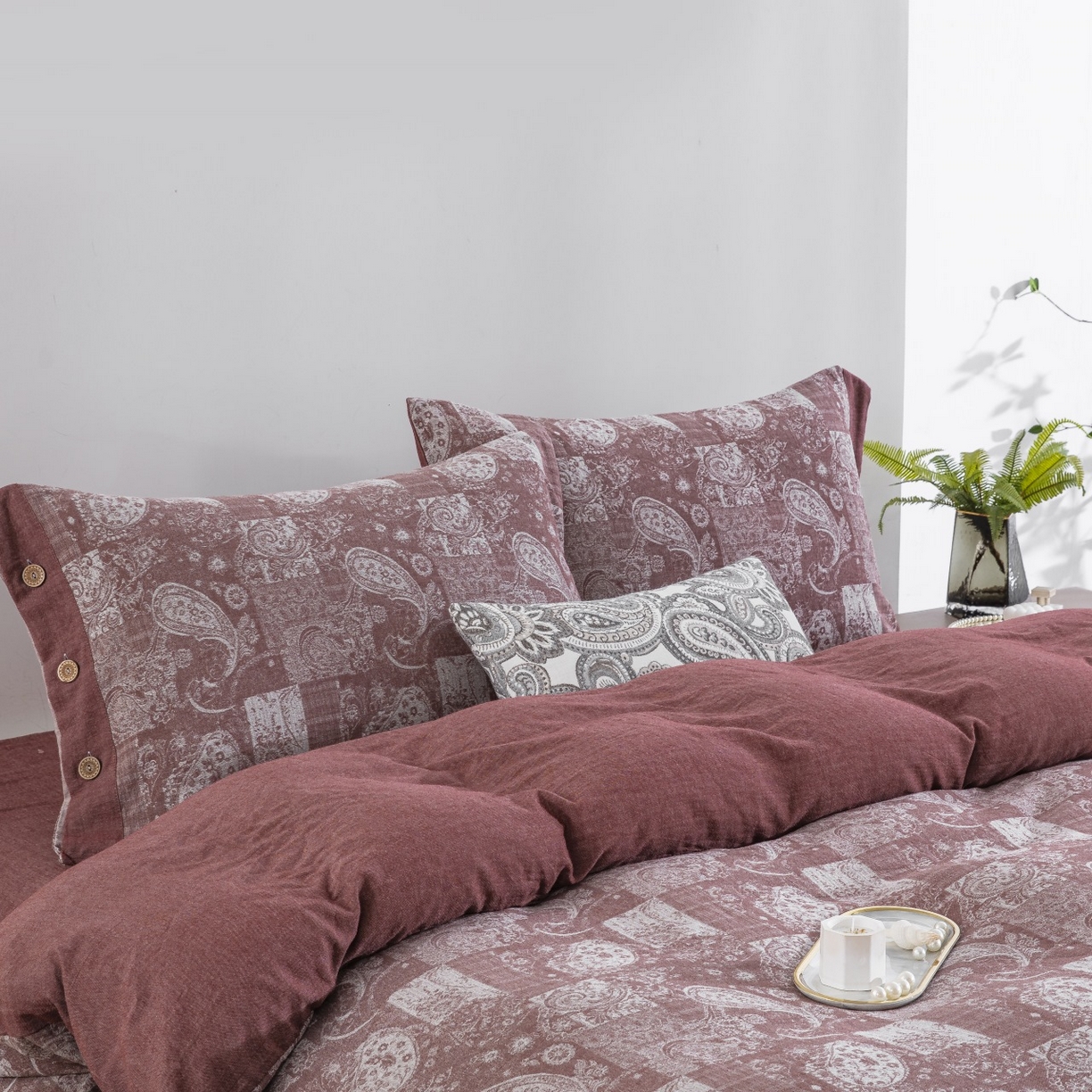 91家纺网 家纺一手货源 找家纺 （总）仰望棉麻双层纱供应链 2026新款全棉色织提花纽扣款四件套-兰亭序