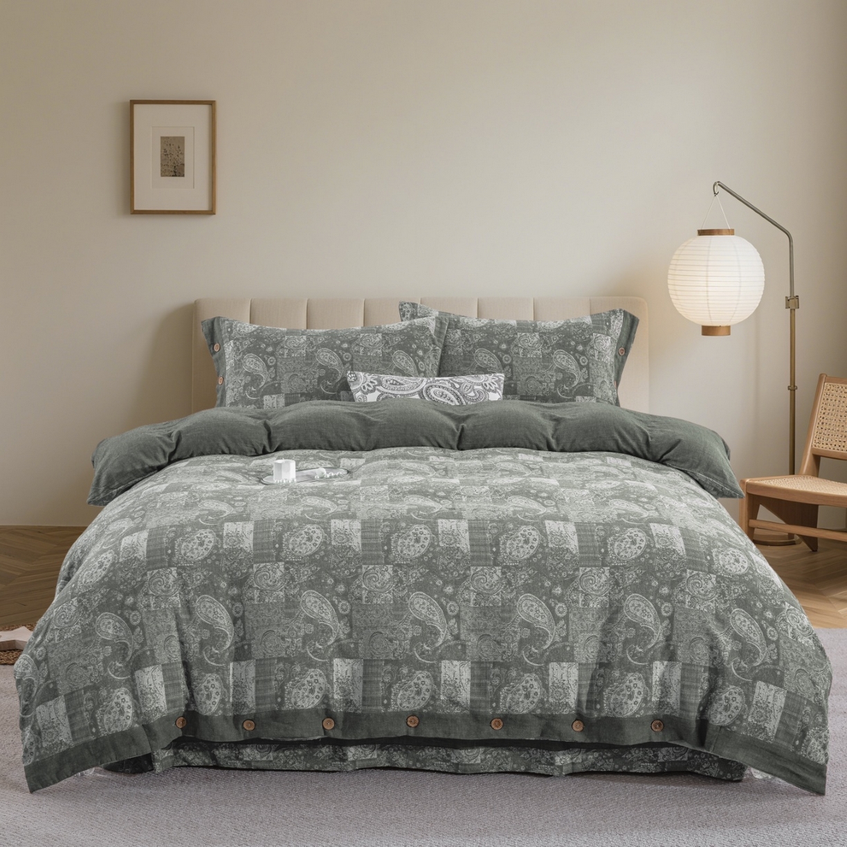 仰望棉麻双层纱供应链 2026新款全棉色织提花纽扣款四件套-兰亭序 兰亭序-绿