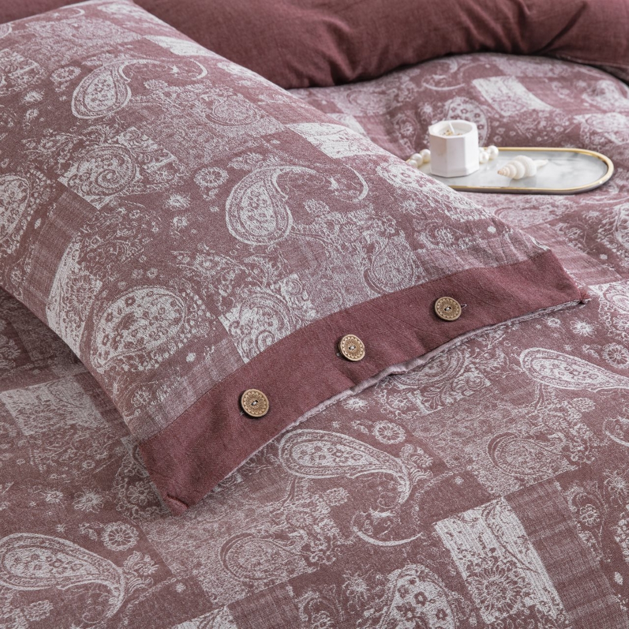 91家纺网 家纺一手货源 找家纺 仰望棉麻双层纱供应链 2026新款全棉色织提花纽扣款四件套-兰亭序 兰亭序-豆沙