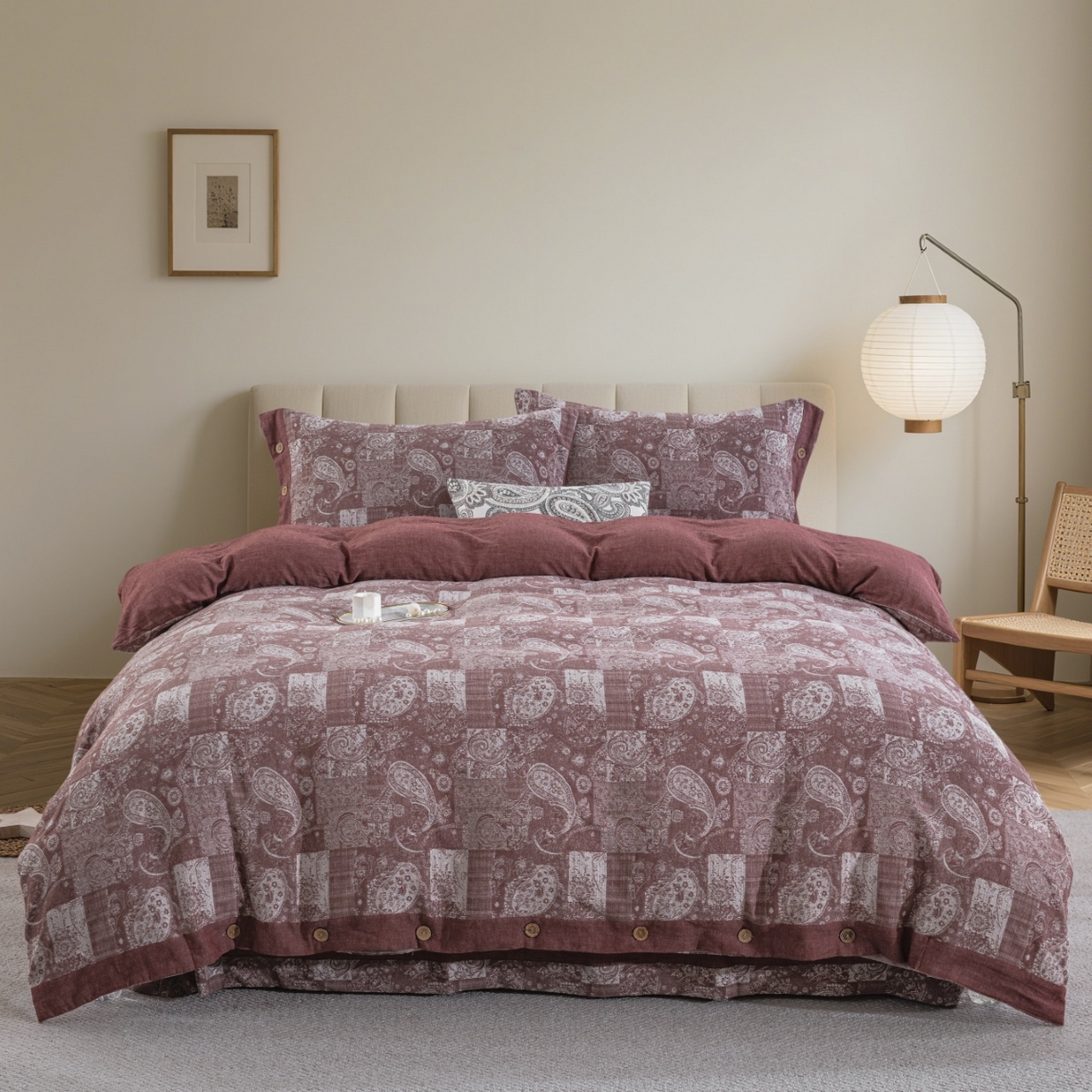 仰望棉麻双层纱供应链 2026新款全棉色织提花纽扣款四件套-兰亭序 兰亭序-豆沙