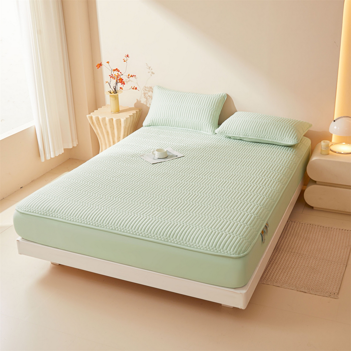 91家纺网 家纺一手货源 找家纺 女子家纺 2026春夏新款简爱A类夹棉防水床笠三件套水洗棉7A抗菌磨毛床单保护套 简爱-清雅绿