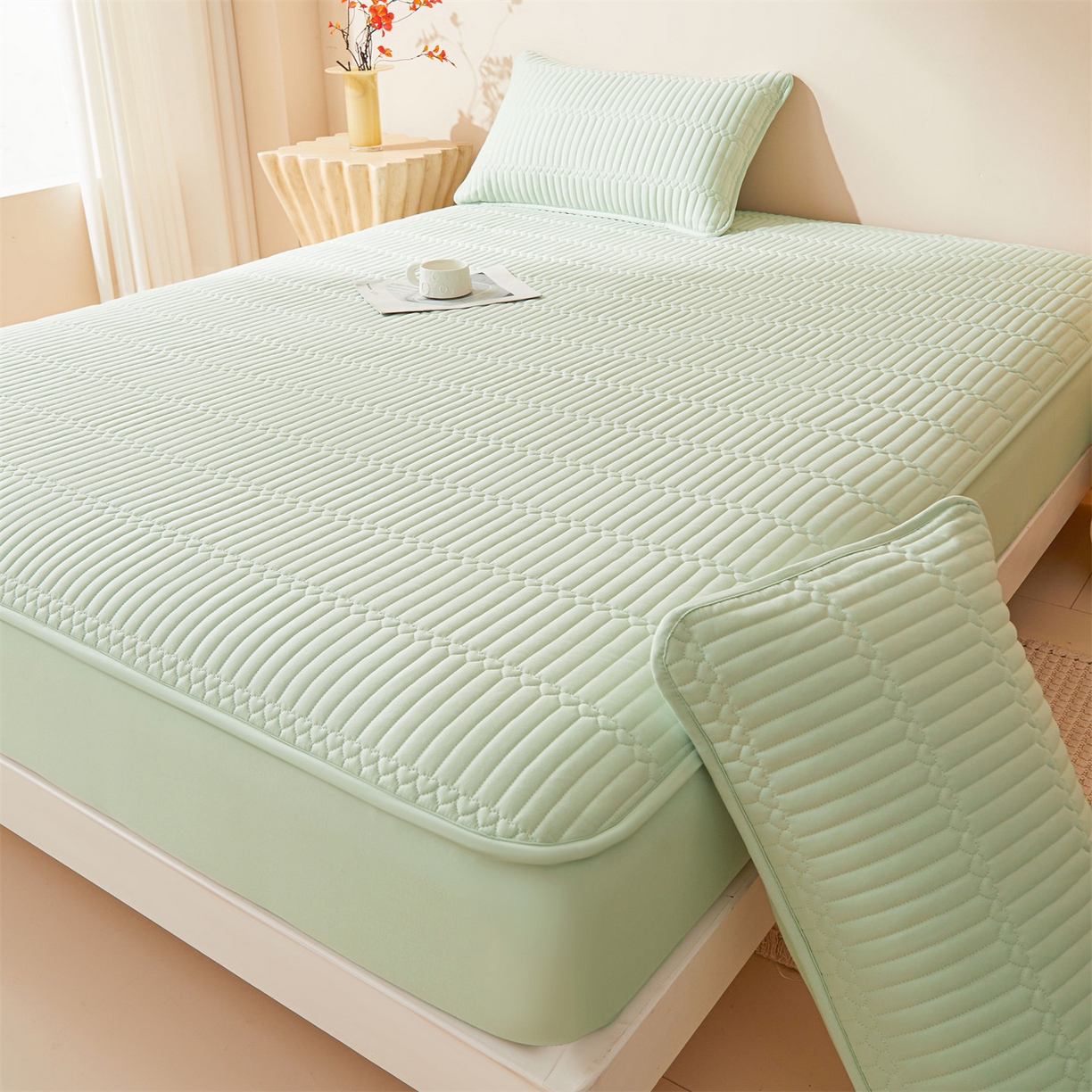 91家纺网 家纺一手货源 找家纺 女子家纺 2026春夏新款简爱A类夹棉防水床笠三件套水洗棉7A抗菌磨毛床单保护套 简爱-清雅绿