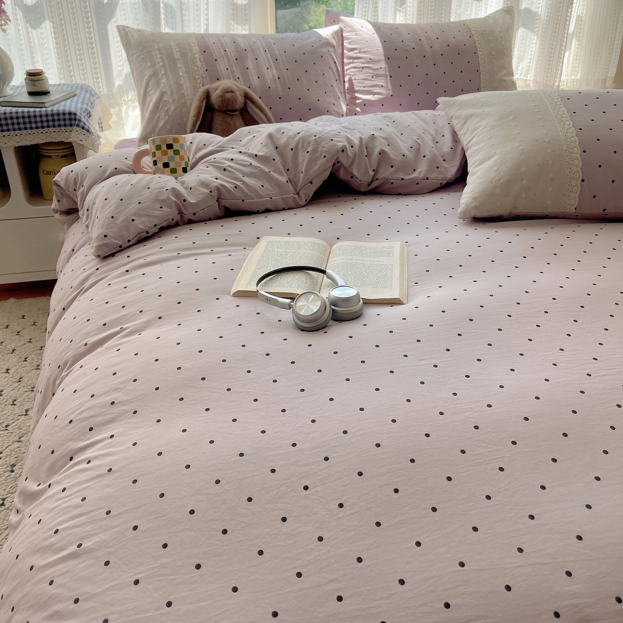 91家纺网 家纺一手货源 找家纺 韩巢家纺 2026新款少女心蕾丝花边款四件套 芋泥紫波点【蕾丝花边款】