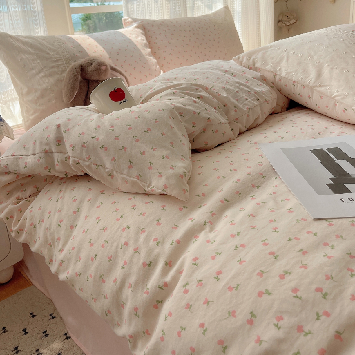 91家纺网 家纺一手货源 找家纺 韩巢家纺 2026新款少女心蕾丝花边款四件套 粉小花【蕾丝花边款】