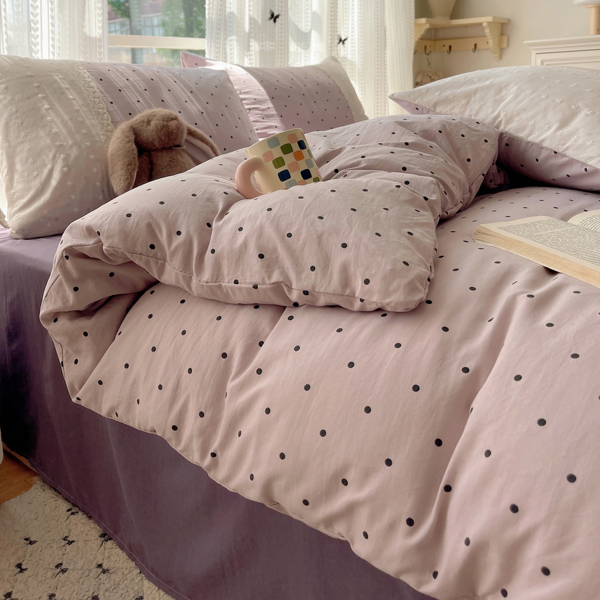 91家纺网 家纺一手货源 找家纺 韩巢家纺 2026新款少女心蕾丝花边款四件套 芋泥紫波点【蕾丝花边款】