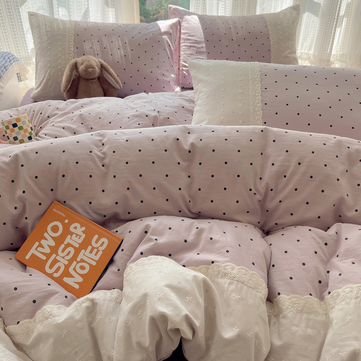 91家纺网 家纺一手货源 找家纺 韩巢家纺 2026新款少女心蕾丝花边款四件套 芋泥紫波点【蕾丝花边款】