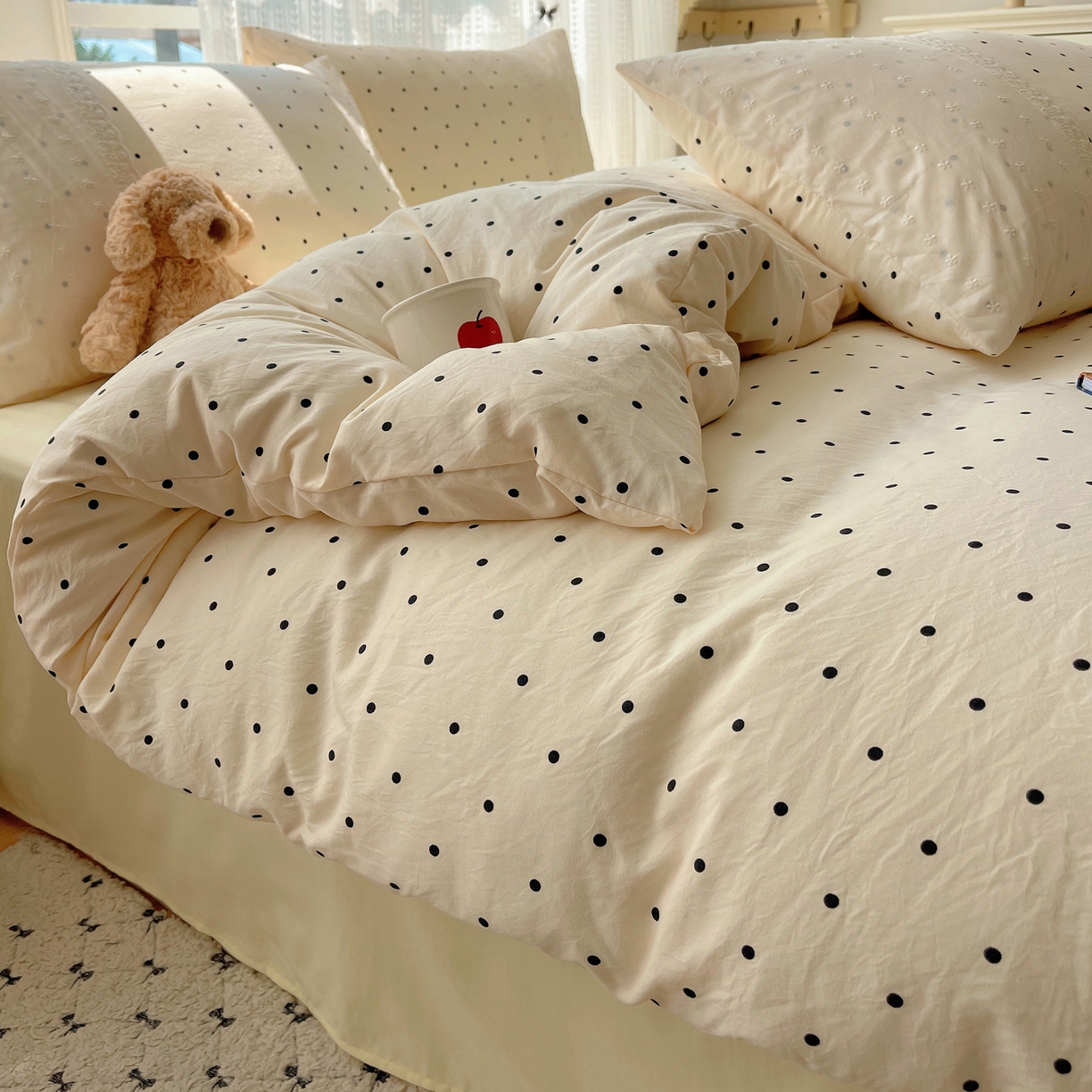 91家纺网 家纺一手货源 找家纺 韩巢家纺 2026新款少女心蕾丝花边款四件套 米黄波点【蕾丝花边款】