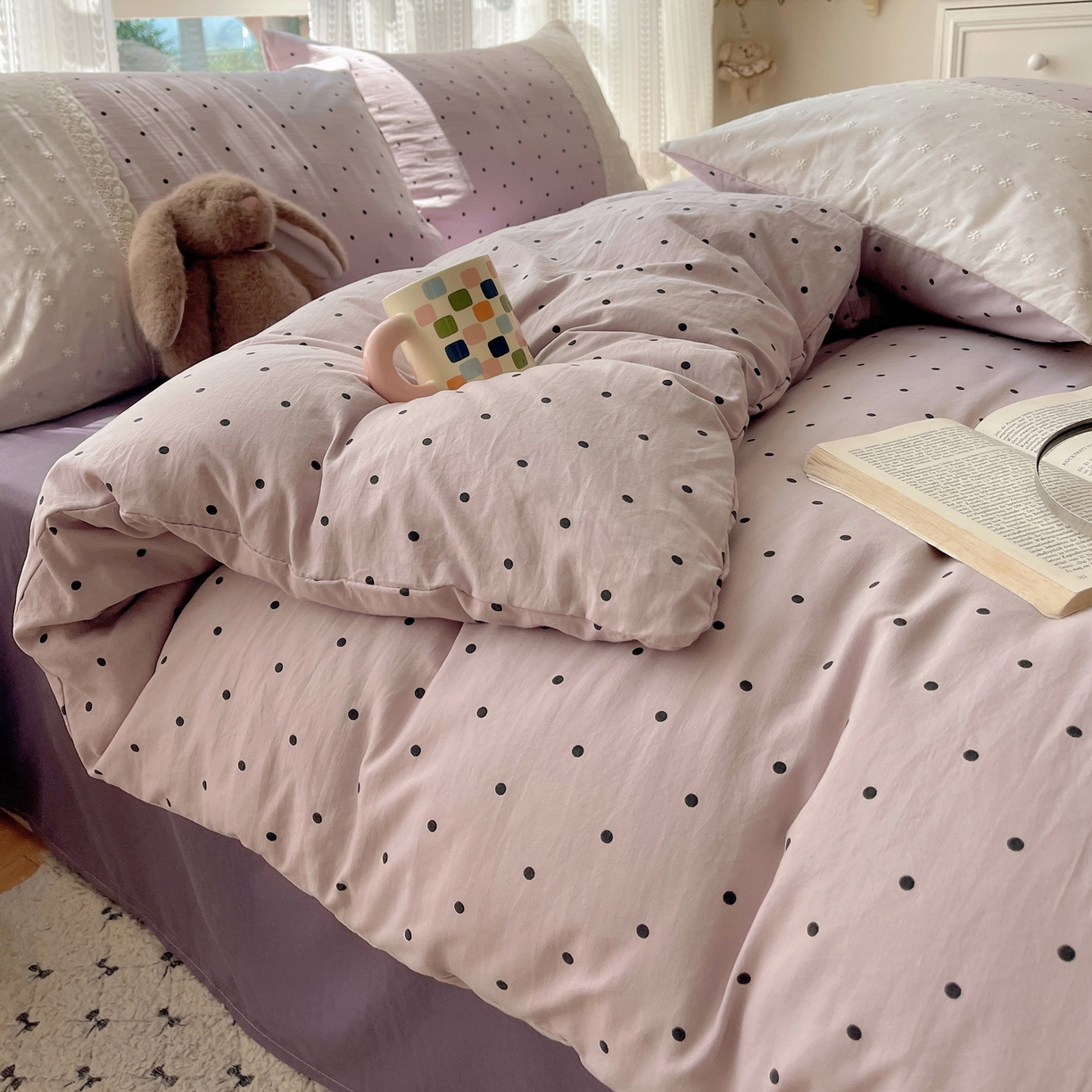 91家纺网 家纺一手货源 找家纺 韩巢家纺 2026新款少女心蕾丝花边款四件套 芋泥紫波点【蕾丝花边款】