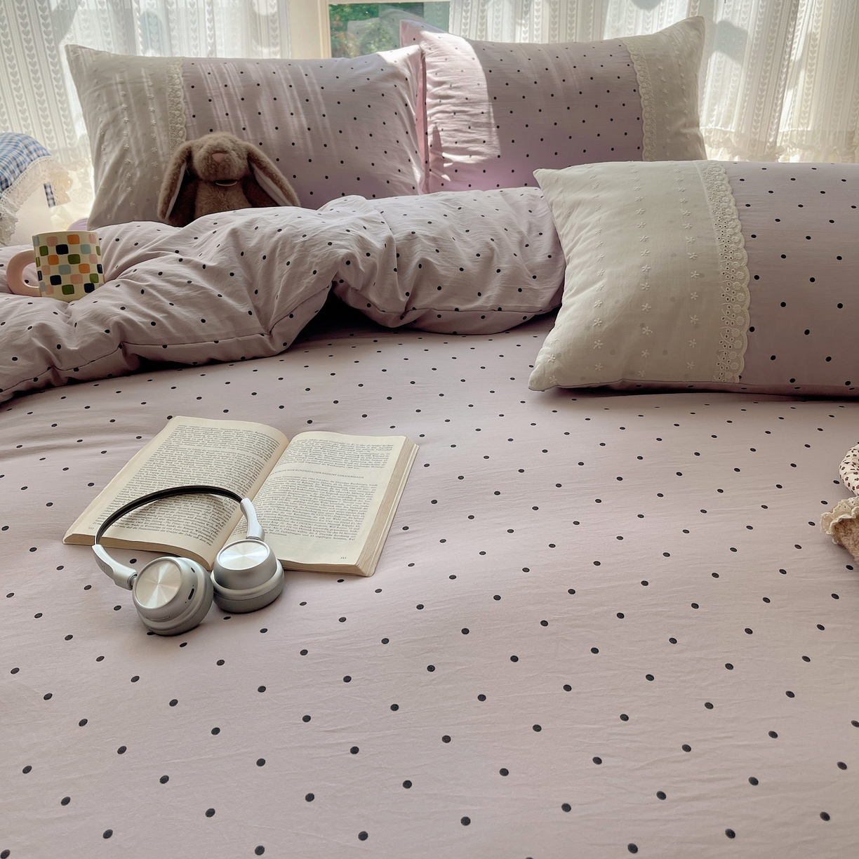 91家纺网 家纺一手货源 找家纺 韩巢家纺 2026新款少女心蕾丝花边款四件套 芋泥紫波点【蕾丝花边款】