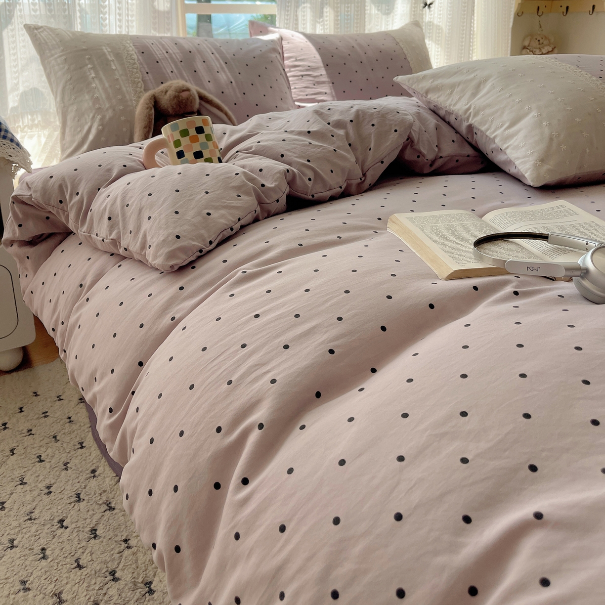 91家纺网 家纺一手货源 找家纺 韩巢家纺 2026新款少女心蕾丝花边款四件套 芋泥紫波点【蕾丝花边款】