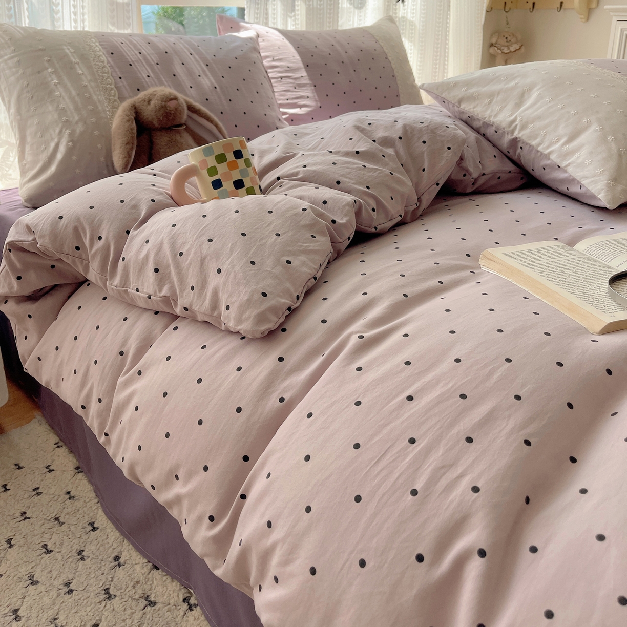 91家纺网 家纺一手货源 找家纺 韩巢家纺 2026新款少女心蕾丝花边款四件套 芋泥紫波点【蕾丝花边款】