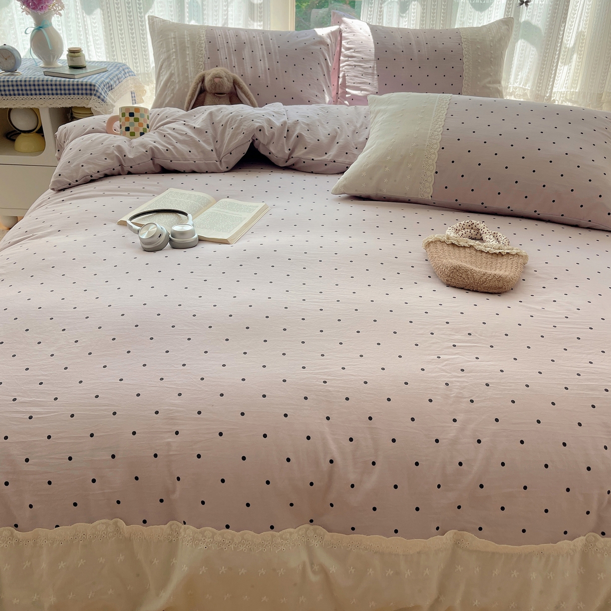 91家纺网 家纺一手货源 找家纺 韩巢家纺 2026新款少女心蕾丝花边款四件套 芋泥紫波点【蕾丝花边款】