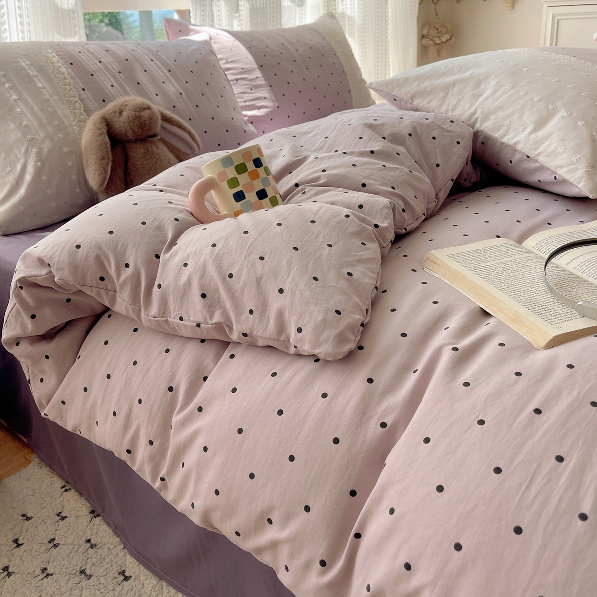 91家纺网 家纺一手货源 找家纺 韩巢家纺 2026新款少女心蕾丝花边款四件套 芋泥紫波点【蕾丝花边款】