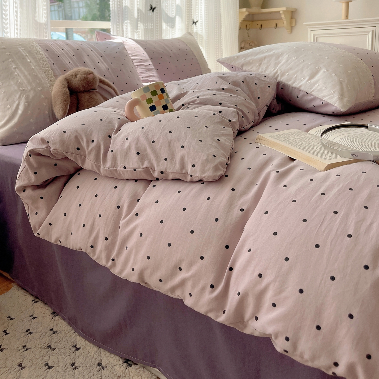 91家纺网 家纺一手货源 找家纺 韩巢家纺 2026新款少女心蕾丝花边款四件套 芋泥紫波点【蕾丝花边款】