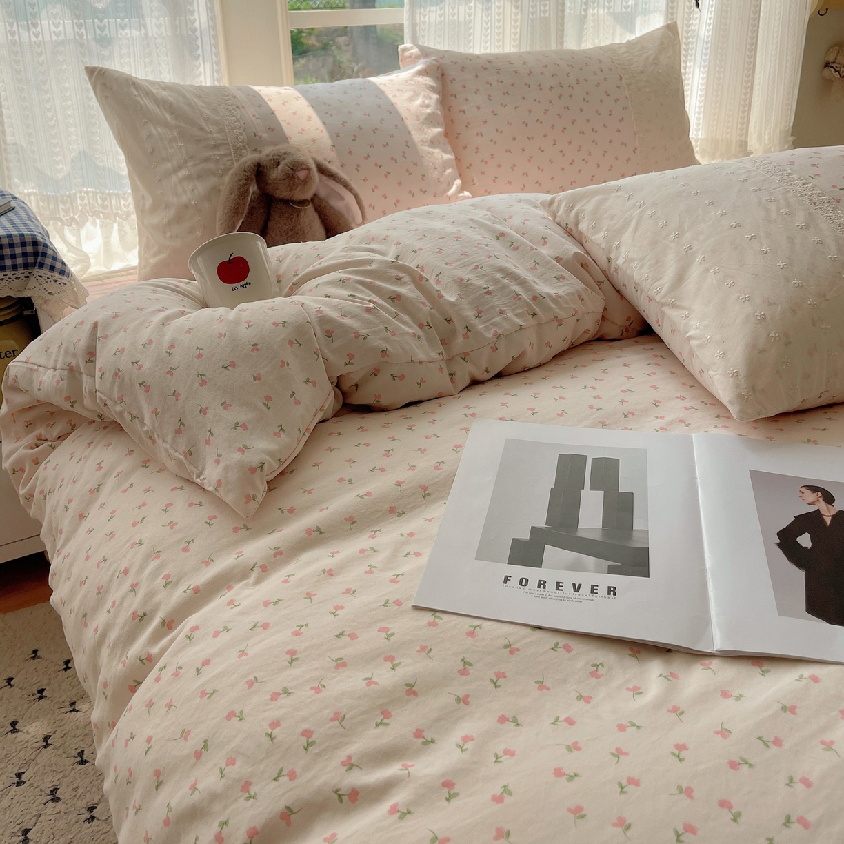 91家纺网 家纺一手货源 找家纺 韩巢家纺 2026新款少女心蕾丝花边款四件套 粉小花【蕾丝花边款】