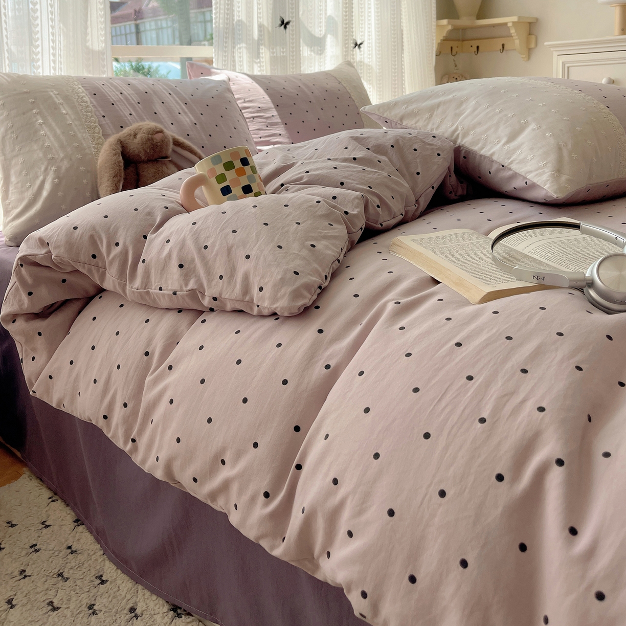 91家纺网 家纺一手货源 找家纺 韩巢家纺 2026新款少女心蕾丝花边款四件套 芋泥紫波点【蕾丝花边款】