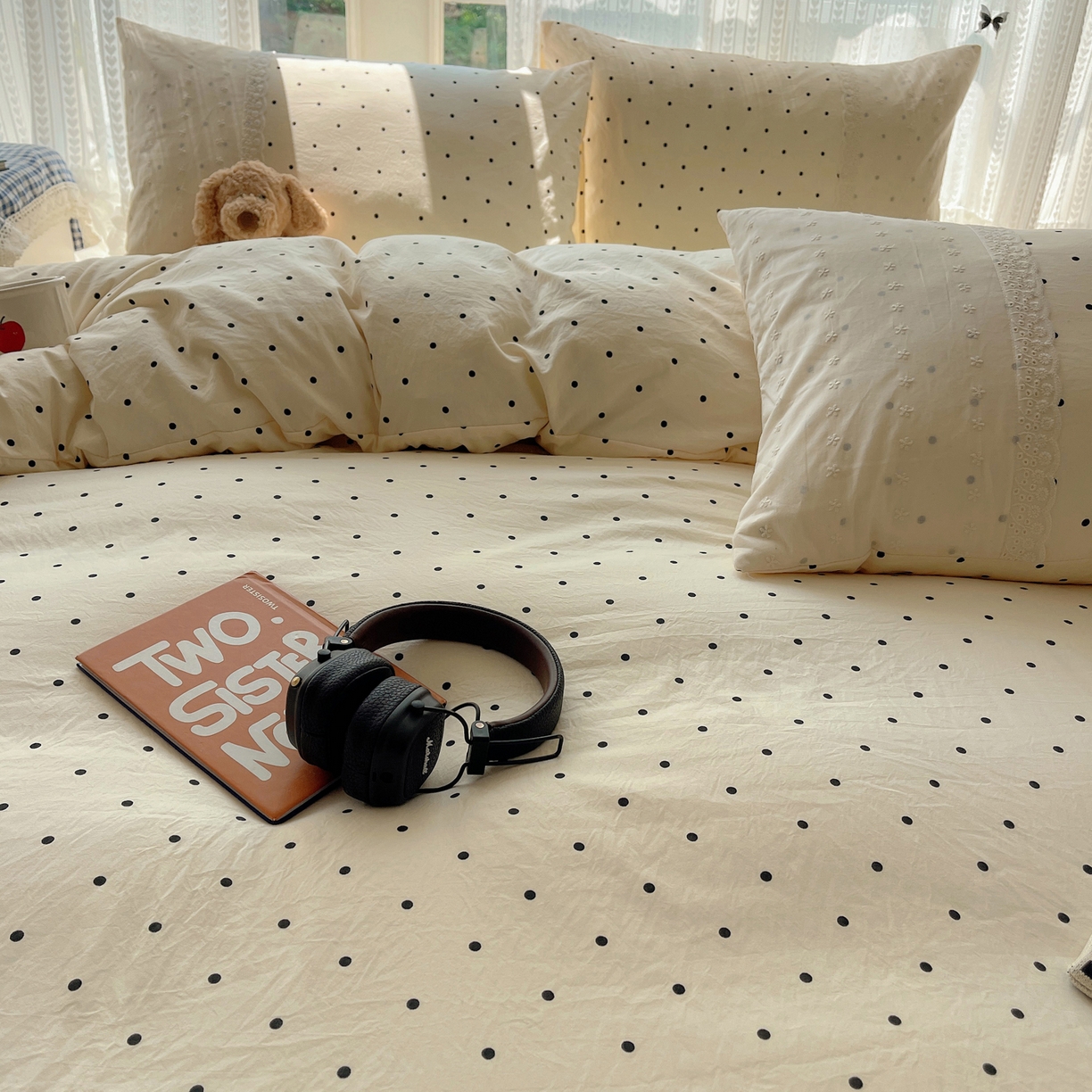 91家纺网 家纺一手货源 找家纺 韩巢家纺 2026新款少女心蕾丝花边款四件套 米黄波点【蕾丝花边款】