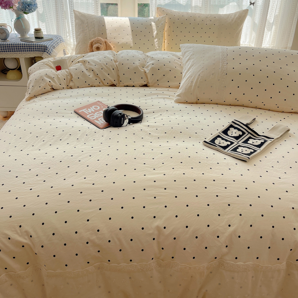 91家纺网 家纺一手货源 找家纺 韩巢家纺 2026新款少女心蕾丝花边款四件套 米黄波点【蕾丝花边款】