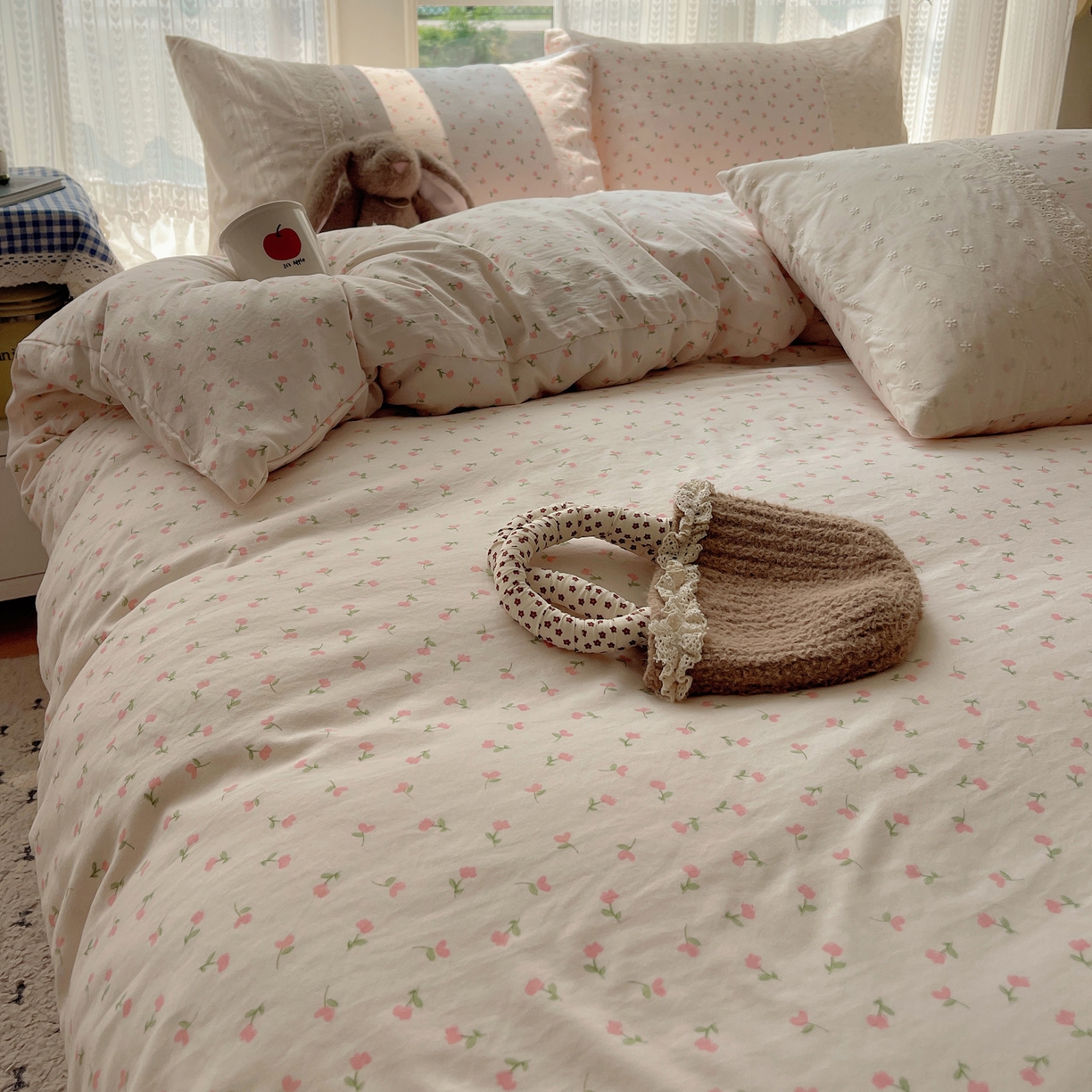 91家纺网 家纺一手货源 找家纺 韩巢家纺 2026新款少女心蕾丝花边款四件套 粉小花【蕾丝花边款】