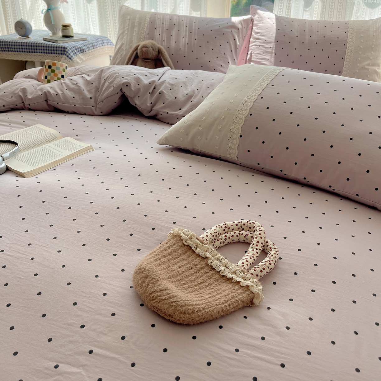 91家纺网 家纺一手货源 找家纺 韩巢家纺 2026新款少女心蕾丝花边款四件套 芋泥紫波点【蕾丝花边款】