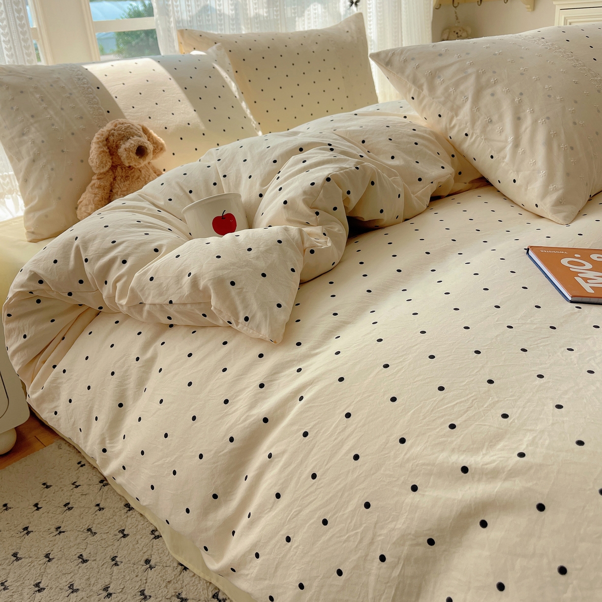 91家纺网 家纺一手货源 找家纺 韩巢家纺 2026新款少女心蕾丝花边款四件套 米黄波点【蕾丝花边款】