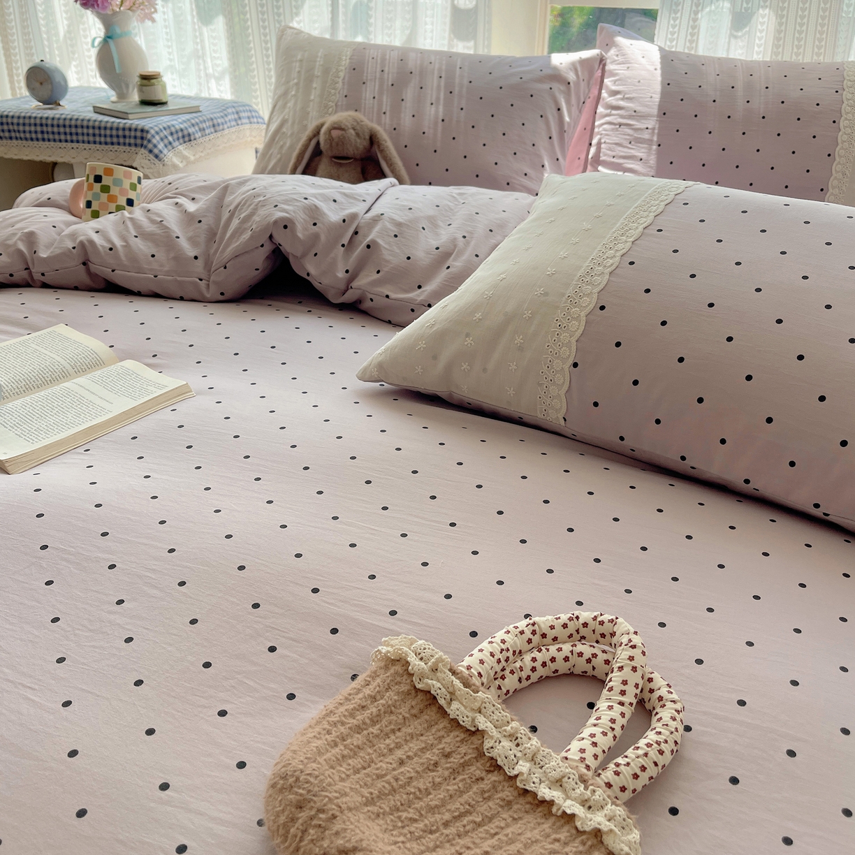 91家纺网 家纺一手货源 找家纺 韩巢家纺 2026新款少女心蕾丝花边款四件套 芋泥紫波点【蕾丝花边款】