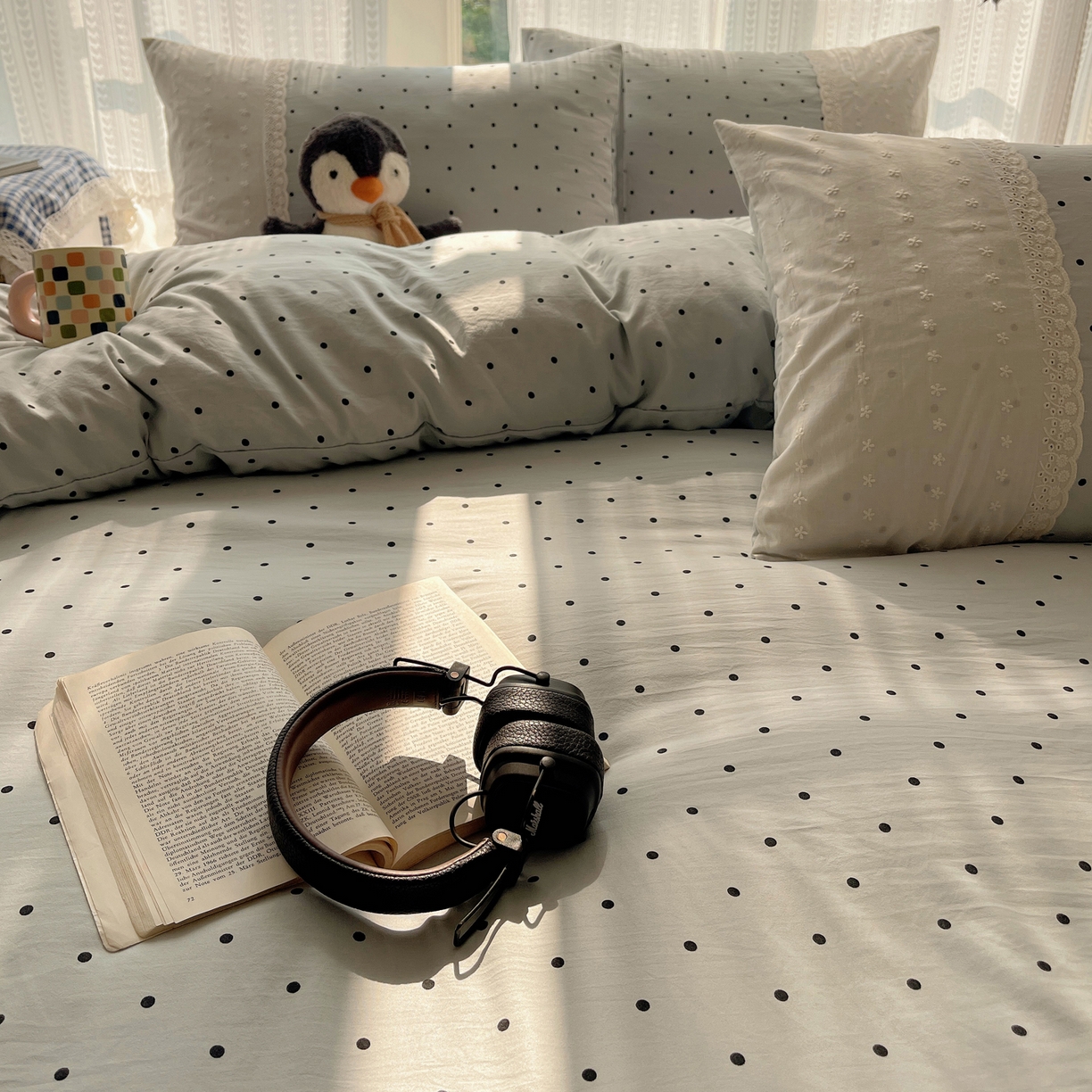 91家纺网 家纺一手货源 找家纺 韩巢家纺 2026新款少女心蕾丝花边款四件套 蓝灰波点【蕾丝花边款】