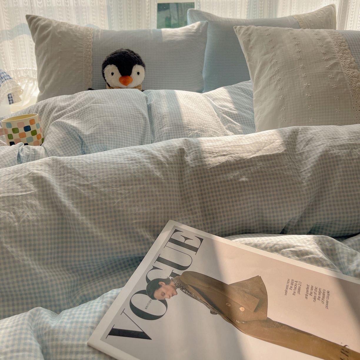 91家纺网 家纺一手货源 找家纺 韩巢家纺 2026新款少女心蕾丝花边款四件套 蓝小格【蕾丝花边款】