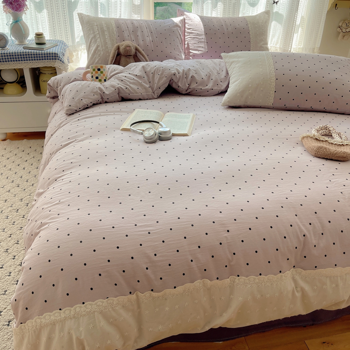 91家纺网 家纺一手货源 找家纺 韩巢家纺 2026新款少女心蕾丝花边款四件套 芋泥紫波点【蕾丝花边款】