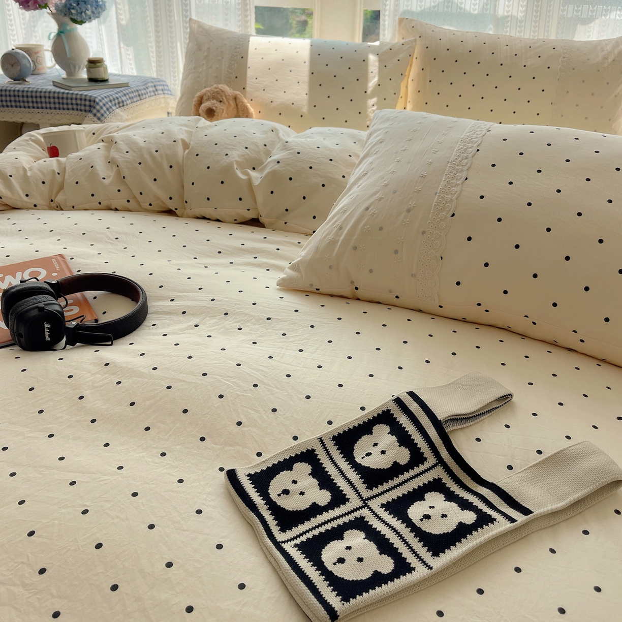 91家纺网 家纺一手货源 找家纺 韩巢家纺 2026新款少女心蕾丝花边款四件套 米黄波点【蕾丝花边款】