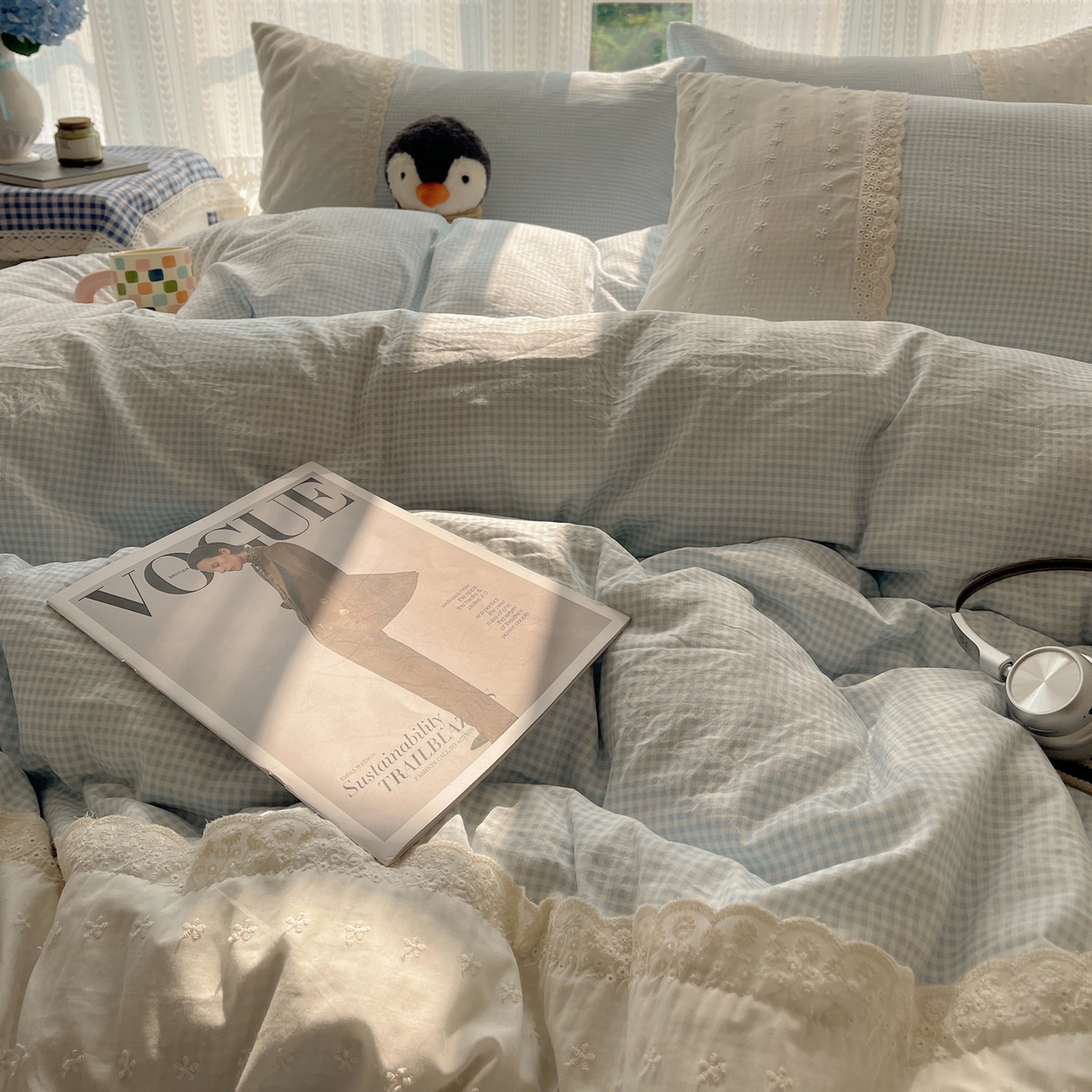 91家纺网 家纺一手货源 找家纺 韩巢家纺 2026新款少女心蕾丝花边款四件套 蓝小格【蕾丝花边款】