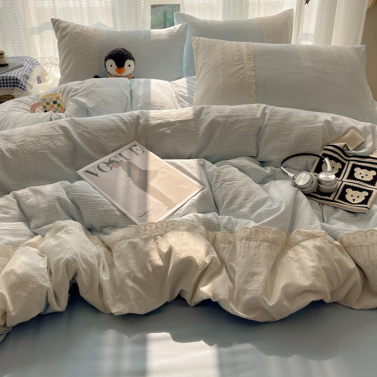 91家纺网 家纺一手货源 找家纺 韩巢家纺 2026新款少女心蕾丝花边款四件套 蓝小格【蕾丝花边款】