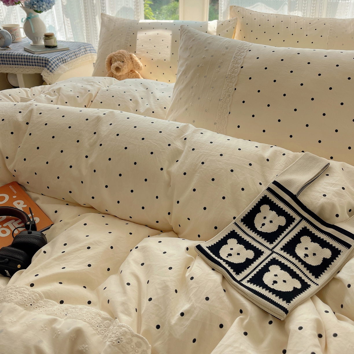 91家纺网 家纺一手货源 找家纺 韩巢家纺 2026新款少女心蕾丝花边款四件套 米黄波点【蕾丝花边款】