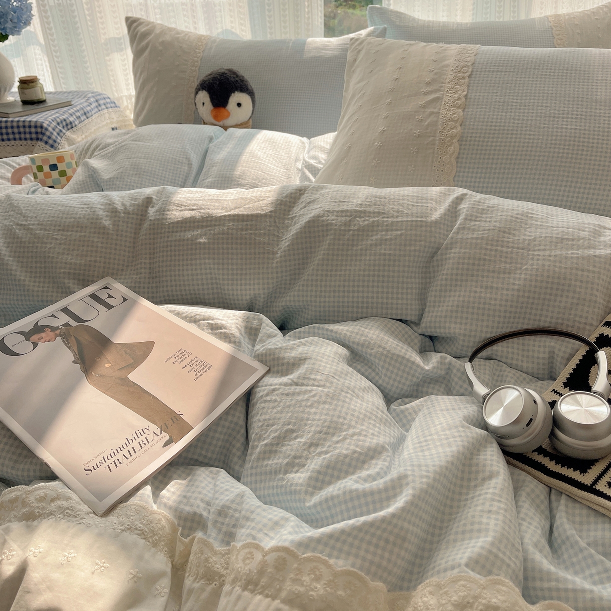 91家纺网 家纺一手货源 找家纺 韩巢家纺 2026新款少女心蕾丝花边款四件套 蓝小格【蕾丝花边款】