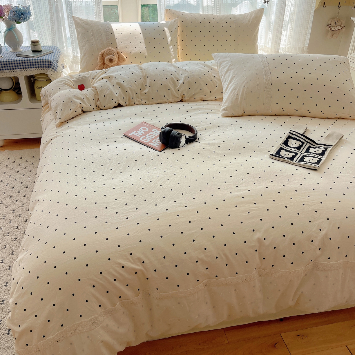 91家纺网 家纺一手货源 找家纺 韩巢家纺 2026新款少女心蕾丝花边款四件套 米黄波点【蕾丝花边款】