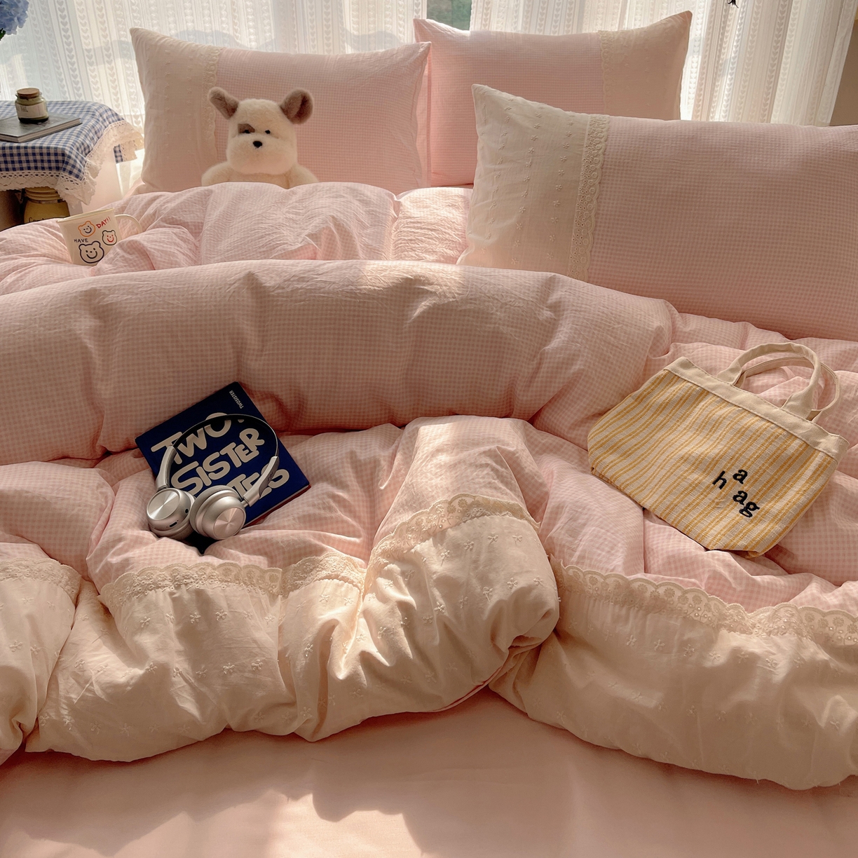 韩巢家纺 2026新款少女心蕾丝花边款四件套 粉小格【蕾丝花边款】