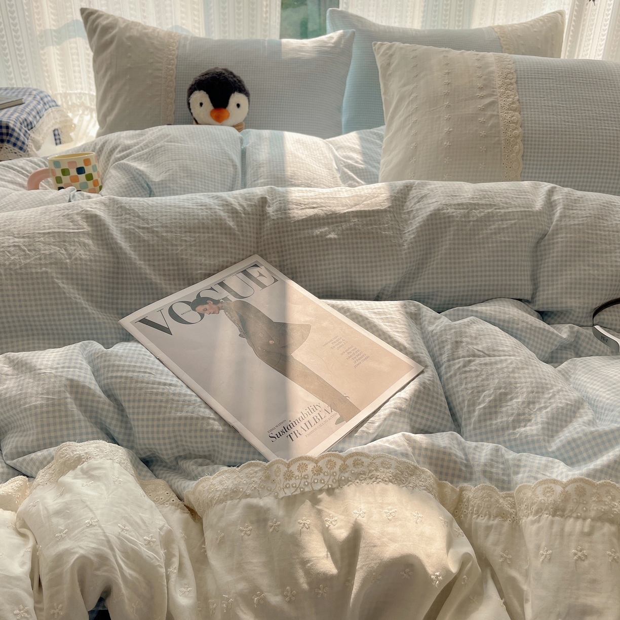 91家纺网 家纺一手货源 找家纺 韩巢家纺 2026新款少女心蕾丝花边款四件套 蓝小格【蕾丝花边款】