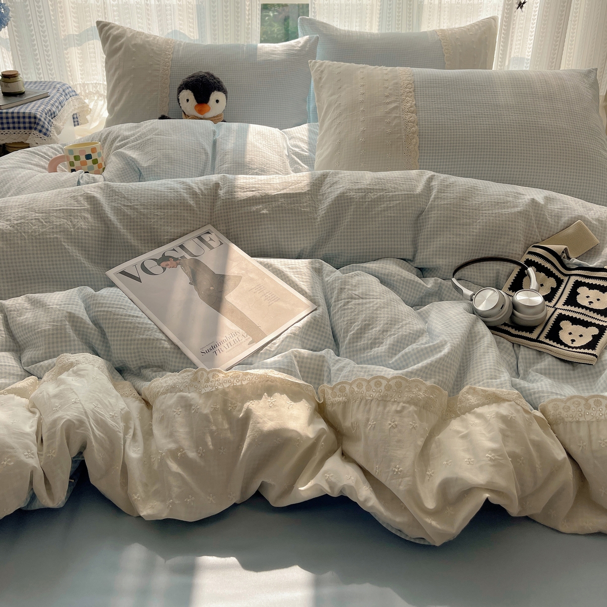 韩巢家纺 2026新款少女心蕾丝花边款四件套 蓝小格【蕾丝花边款】