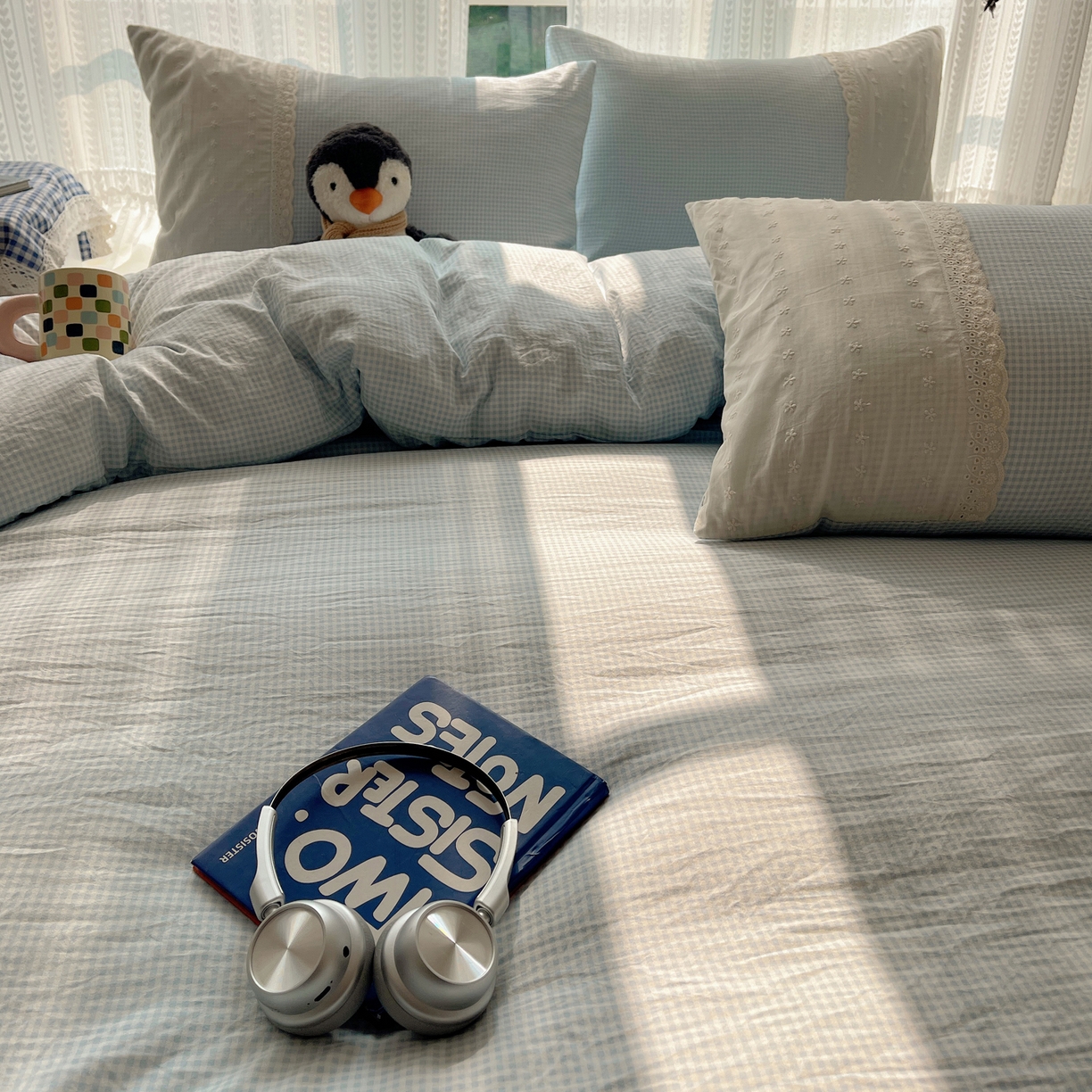 91家纺网 家纺一手货源 找家纺 韩巢家纺 2026新款少女心蕾丝花边款四件套 蓝小格【蕾丝花边款】