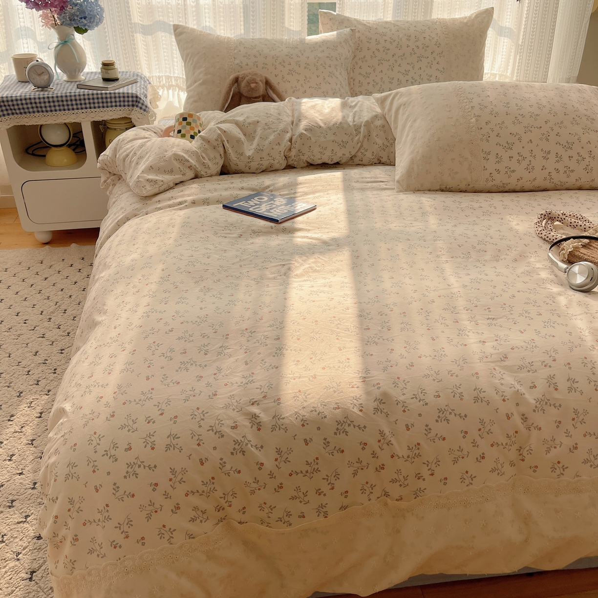 91家纺网 家纺一手货源 找家纺 韩巢家纺 2026新款少女心蕾丝花边款四件套 梨云杳杳【蕾丝花边款】