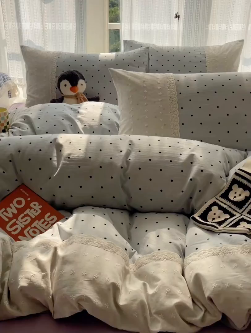 91家纺网 家纺一手货源 找家纺 韩巢家纺 2026新款少女心蕾丝花边款四件套 蓝灰波点【蕾丝花边款】