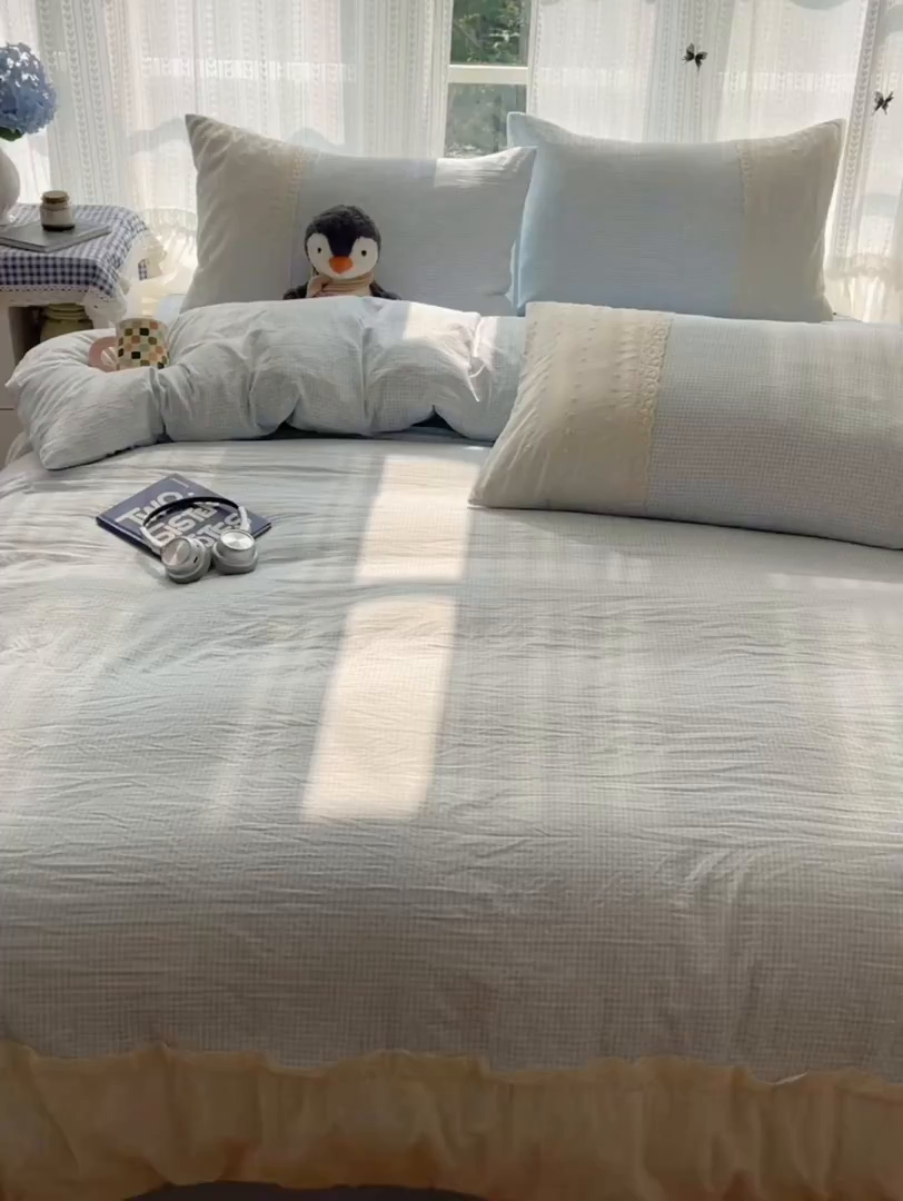 91家纺网 家纺一手货源 找家纺 韩巢家纺 2026新款少女心蕾丝花边款四件套 蓝小格【蕾丝花边款】