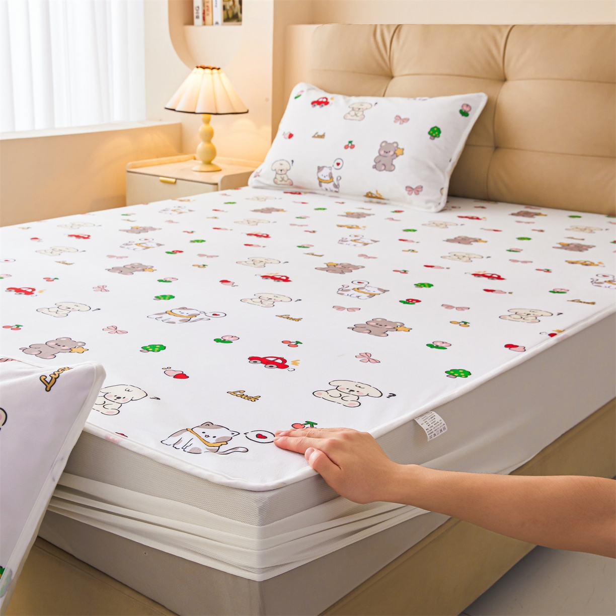 91家纺网 家纺一手货源 找家纺 （总）女子家纺 2026春夏新款TPU防水隔尿床护垫床笠款印花小清新卡通儿童床垫保护套