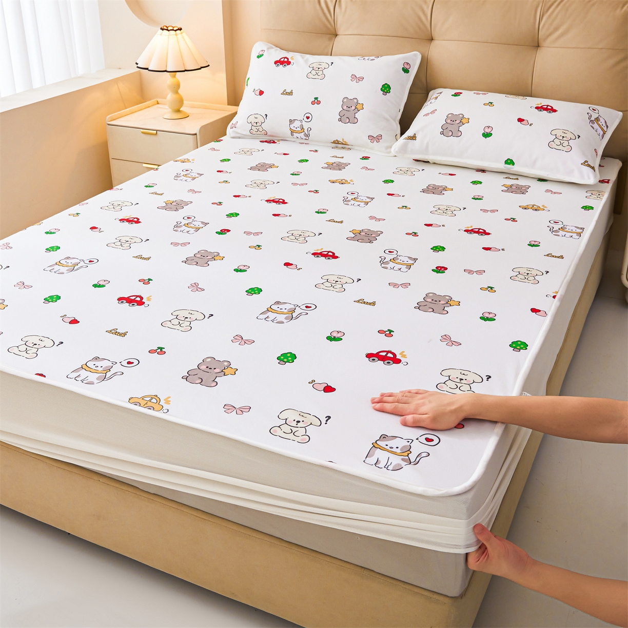 91家纺网 家纺一手货源 找家纺 （总）女子家纺 2026春夏新款TPU防水隔尿床护垫床笠款印花小清新卡通儿童床垫保护套