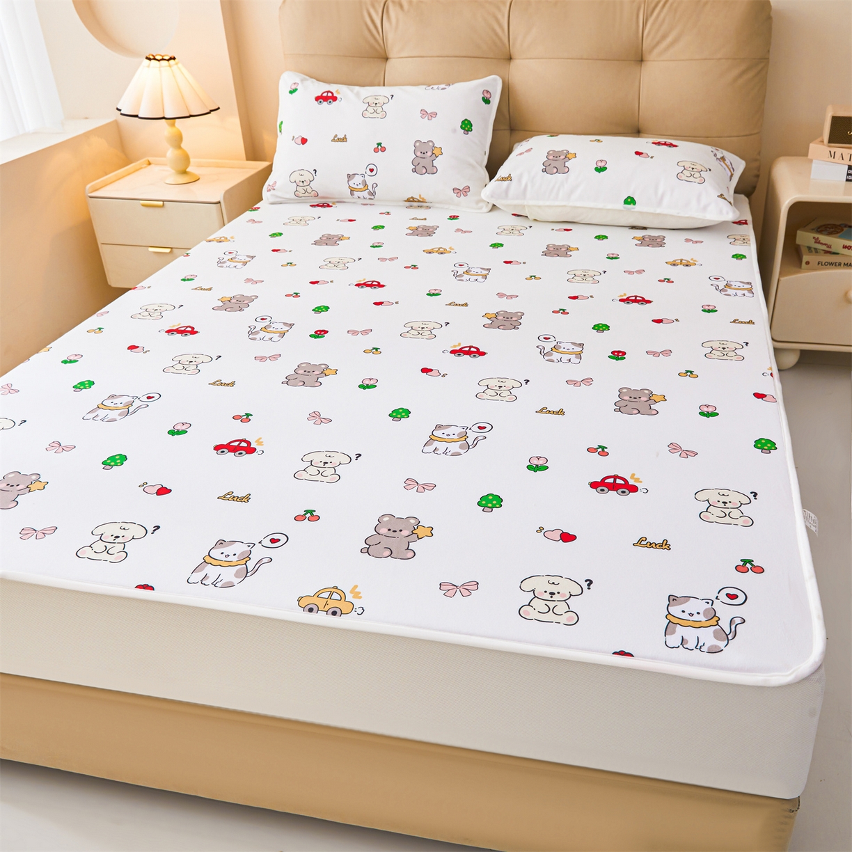 91家纺网 家纺一手货源 找家纺 （总）女子家纺 2026春夏新款TPU防水隔尿床护垫床笠款印花小清新卡通儿童床垫保护套