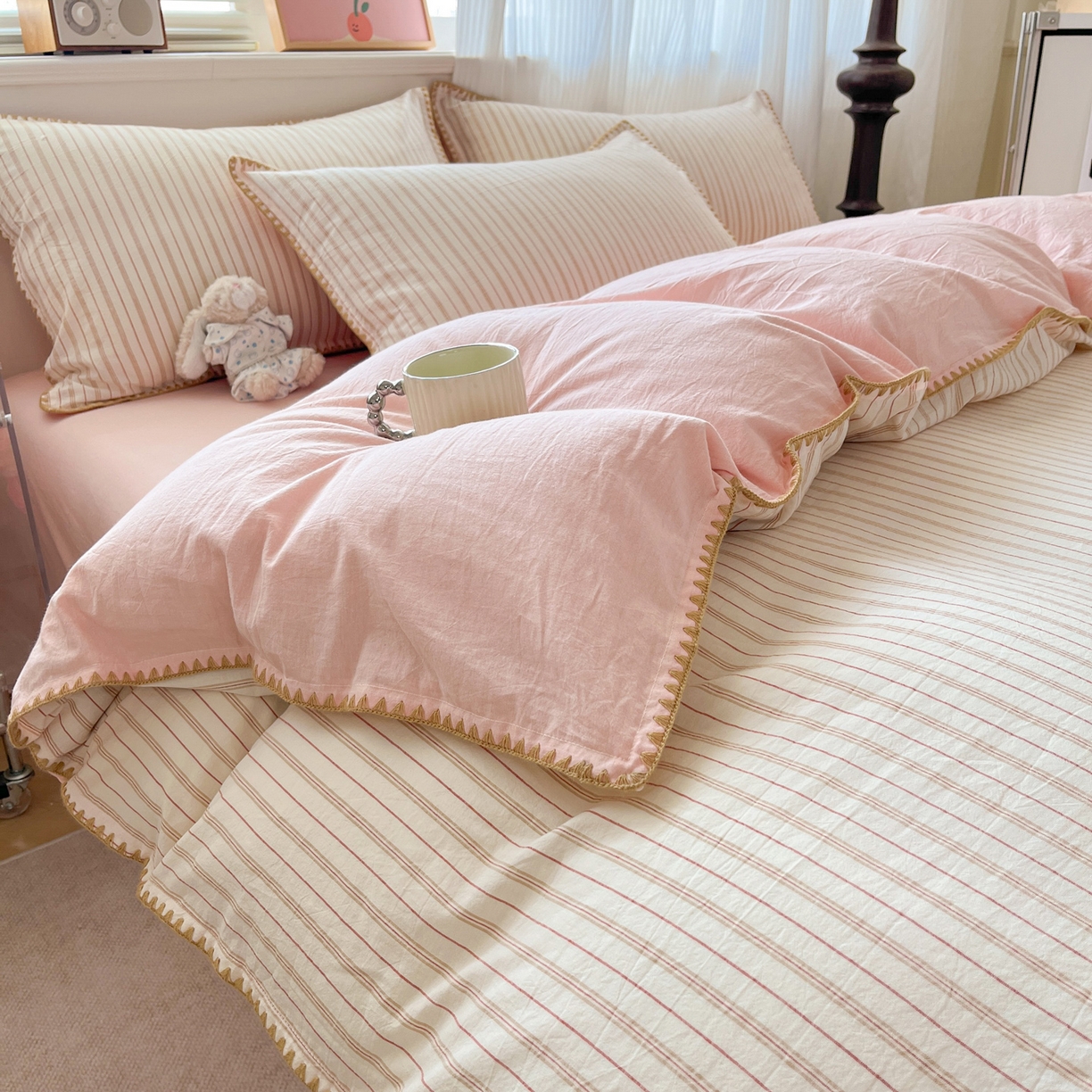 91家纺网 家纺一手货源 找家纺 （总）如一 2026春夏新款色织全棉纯棉加密水洗棉条纹三角针四件套